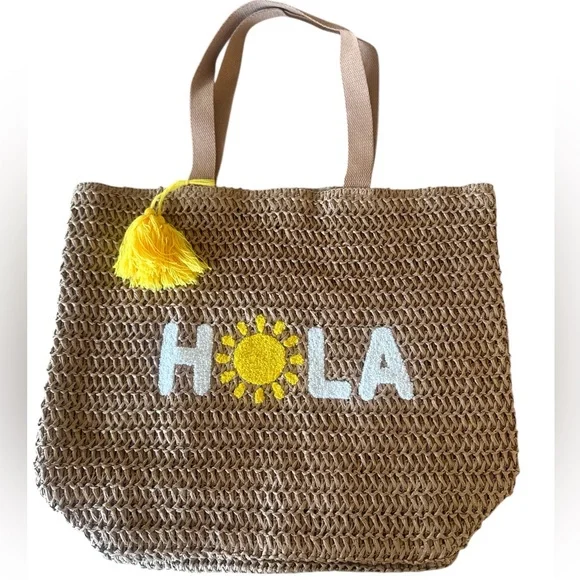 Hola NEW Sun Beach Bag Woven Tote Bag with Yellow Tassel - Picture 1 of 7